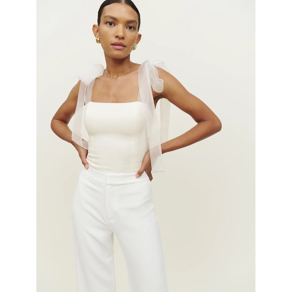 Reformation Zoey Top 4 White Organza Tie Strap Smocked Back Bridal Bachelorette